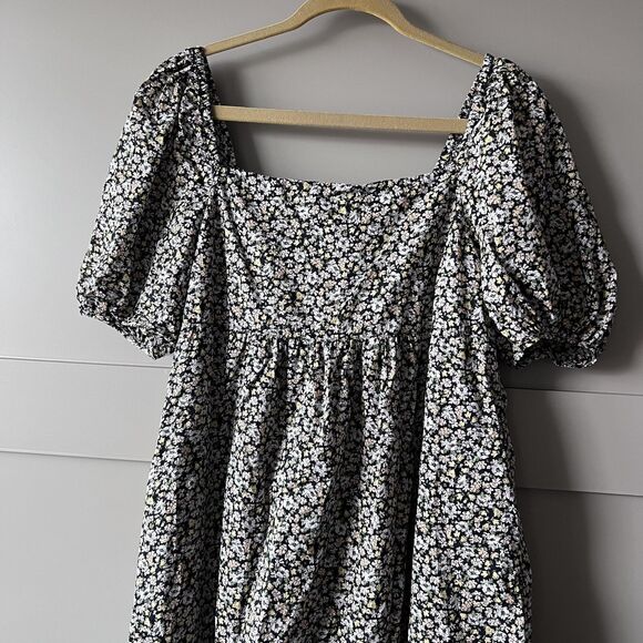 Uniqlo Dress Womens Large Black Floral Puff Sleeve Square Neck Tiered Pockets - Picture 3 of 12